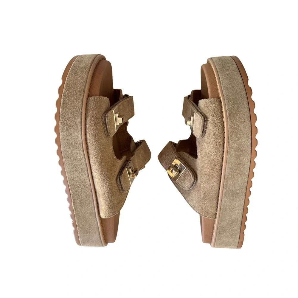 Steve Madden Bigschmona Taupe Suede Platform Slide Sandals Gold Hardware 8.5 - Picture 6 of 8
